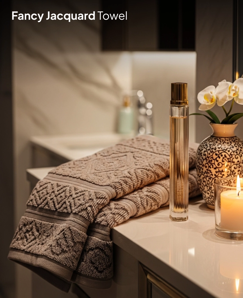 jacquard towel on bathroom counter
